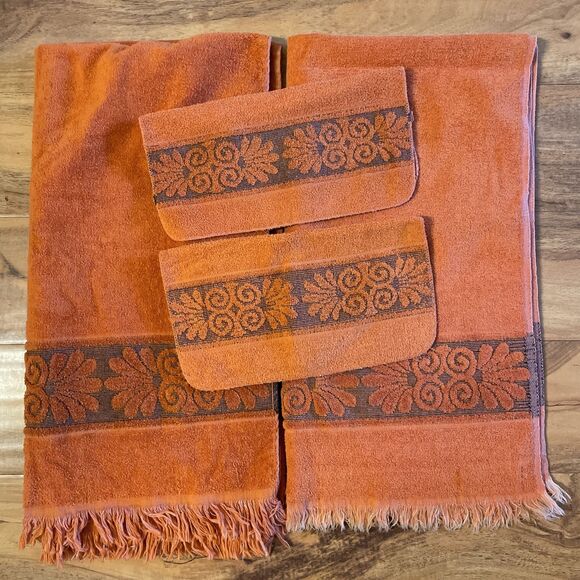 Vtg Cannon Monticello Santa Cruz Towel Cloth Set Burnt Orange Sculpted Fringe 4 - Picture 1 of 11